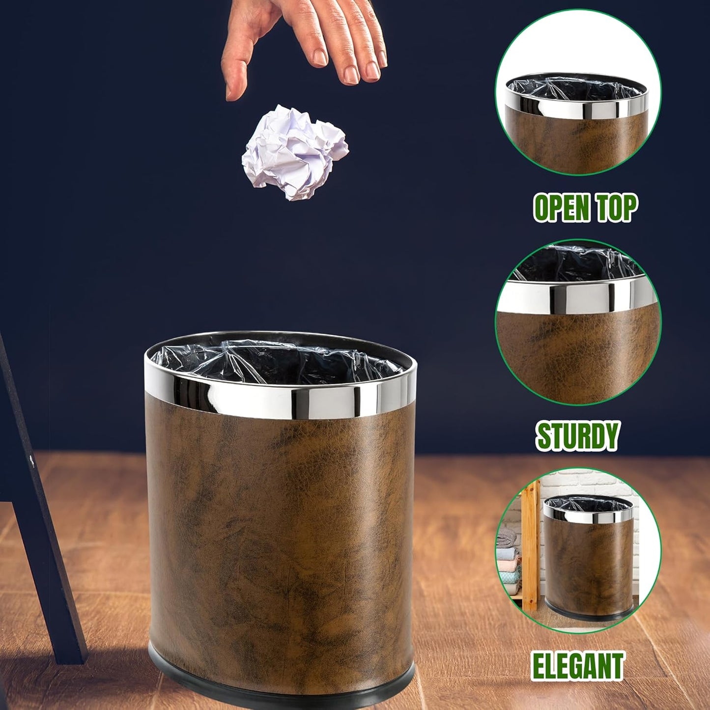 'Invisi-Overlap' Open Top Leatherette Trash Can, Small Office Wastebasket, Modern Home Décor, Oval Shape (Brown)