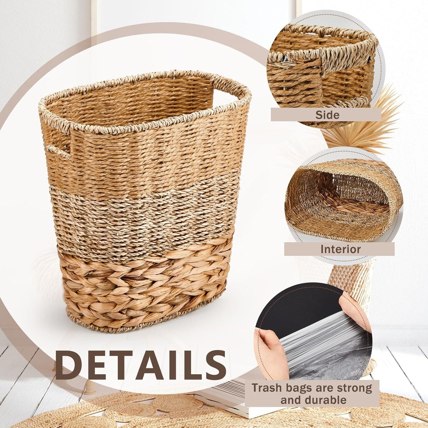 2 Pcs Wicker Trash Can with 50 Small Trash Bag Wicker Waste Woven Basket with Handles Clear Multi Use Garbage Bags for Bathroom Kitchen Bedroom(Various Materials,Classic Style)