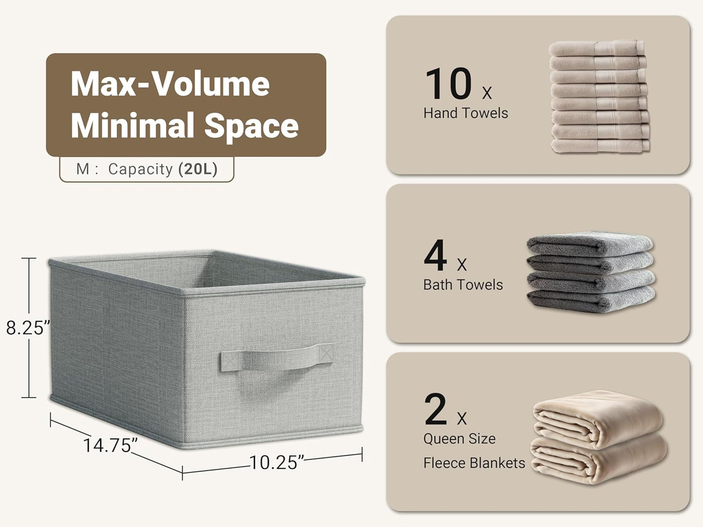 3 Pack Fabric Storage Bins for Shelves | 14.75x10.25x8.25 in Storage Baskets | Fabric Closet Organizers with Handles Home Organization | Linen Clothes Storage Bins | Light Gray