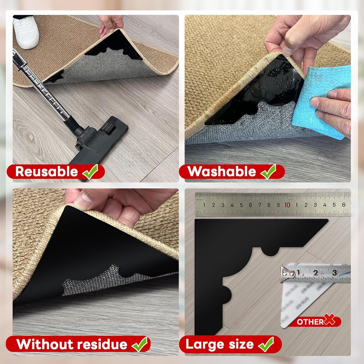 Rug Non Slip Grippers, Reusable Keep Rug Corner Down Tape Pads for Hardwood Floors, Strong Carpet Gripper for Area Rugs, No Damaging for Floor, 24Pcs
