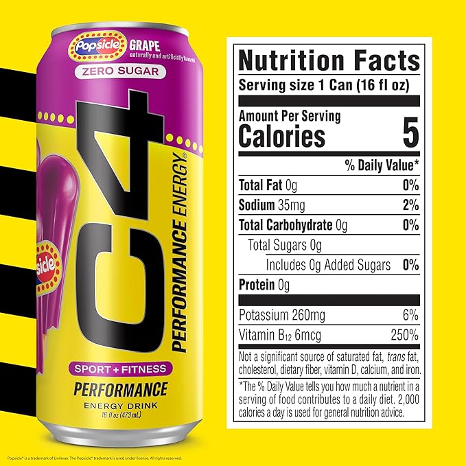 Cellucor C4 Energy Drink x Grape Popsicle, Carbonated Sugar Free Pre Workout Performance Drink with no Artificial Colors or Dyes, 16 Oz, Pack of 12