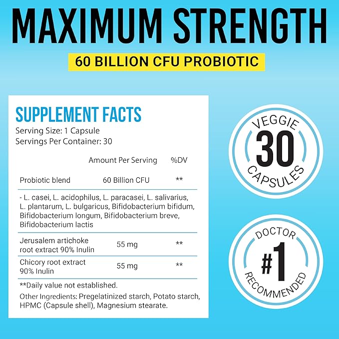 BIGJOHNLAB® Probiotics 60 Billion CFU – 10 Strains + Organic Prebiotics – Immune, Digestive & Gut Health – Supports Occasional Constipation, Diarrhea, Gas & Bloating – for Women & Men – 30ct