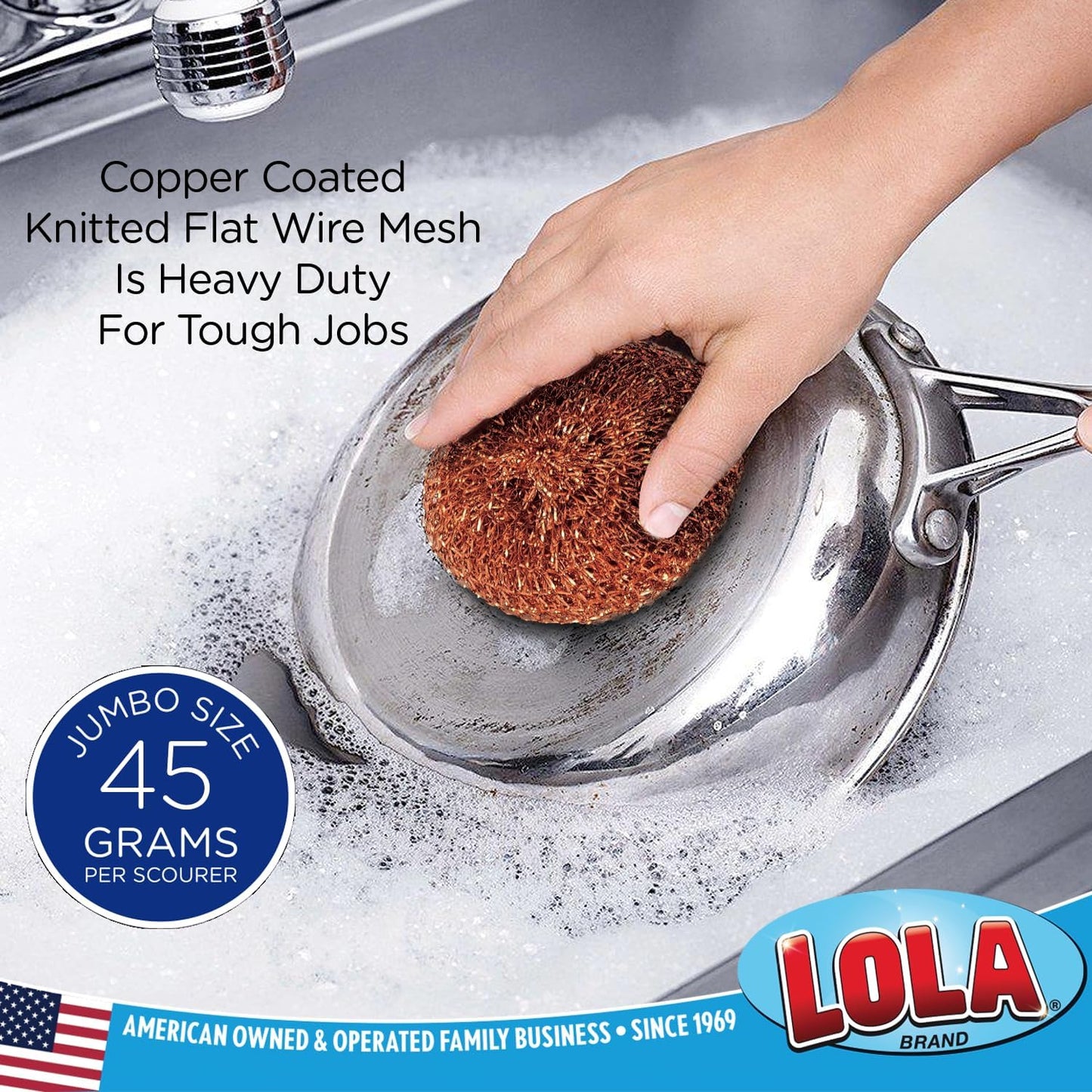 LOLA Copper Mesh Scouring Pad, 18 Grams, 12 Pack, eavy Duty Cleaning Pads, Copper Coated Knitted Flat Wire Mesh, Recyclable, Cleans Baked On Messes