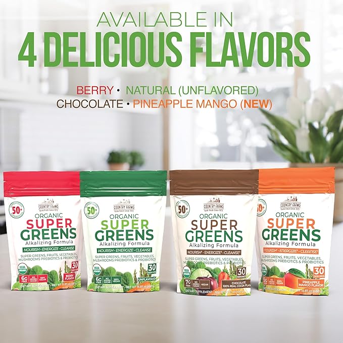 Country Farms Super Greens Natural Flavor, 50 Organic Super Foods, USDA Organic Drink Mix (Wheat Grass, Spirulina, Chlorella) Mushrooms & Probiotics, Fiber, Gut Health, Natural Energy, 30 Servings