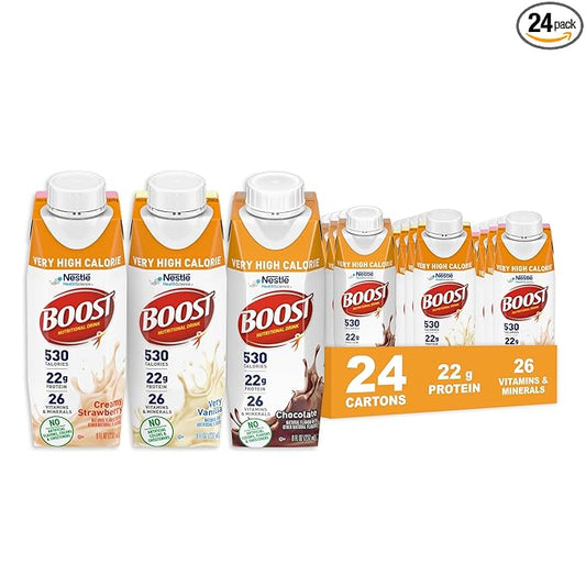 BOOST Very High Calorie Nutritional Drink – Helps Weight Gain & Maintenance -530 Calories -26 Vitamins & Minerals - 22 g Protein - Variety Pack - Vanilla, Chocolate & Strawberry - 8 fl oz (Pack of 24)