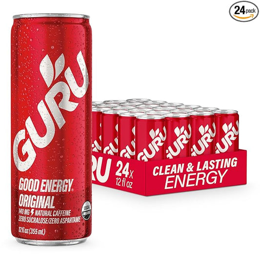 GURU Original Organic Energy Drinks, Clean Energy Drink with Plant Based Natural Caffeine from Green Tea, Gluten Free and Vegan, 140MG Caffeine, Healthy Drinks, 12oz (Pack of 24)