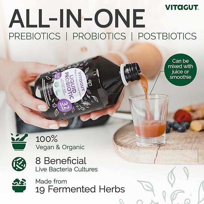 Liquid Probiotic, Prebiotics & Postbiotics 3-in-1 Organic, Live Probiotics for Women & Men - Probiotics for Digestive Health, 50 Billion CFU, 19 Fermented Herbs, Vegan Probiotic for Gut Health