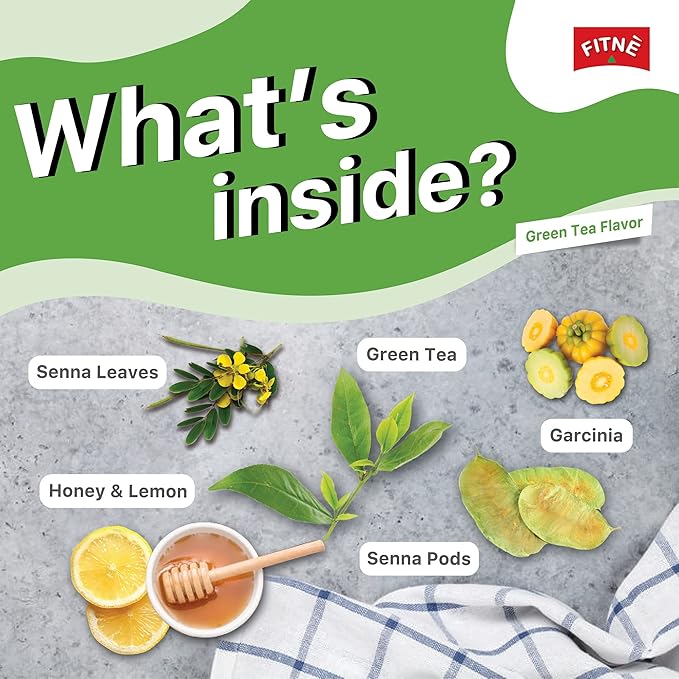 FITNE Green Tea Herbal Honey Lemon With Garcinia Senna Infusion Gentle Detox Cleanse High Antioxidant No Calories Stevia Sweetener, 15 Tea Bags