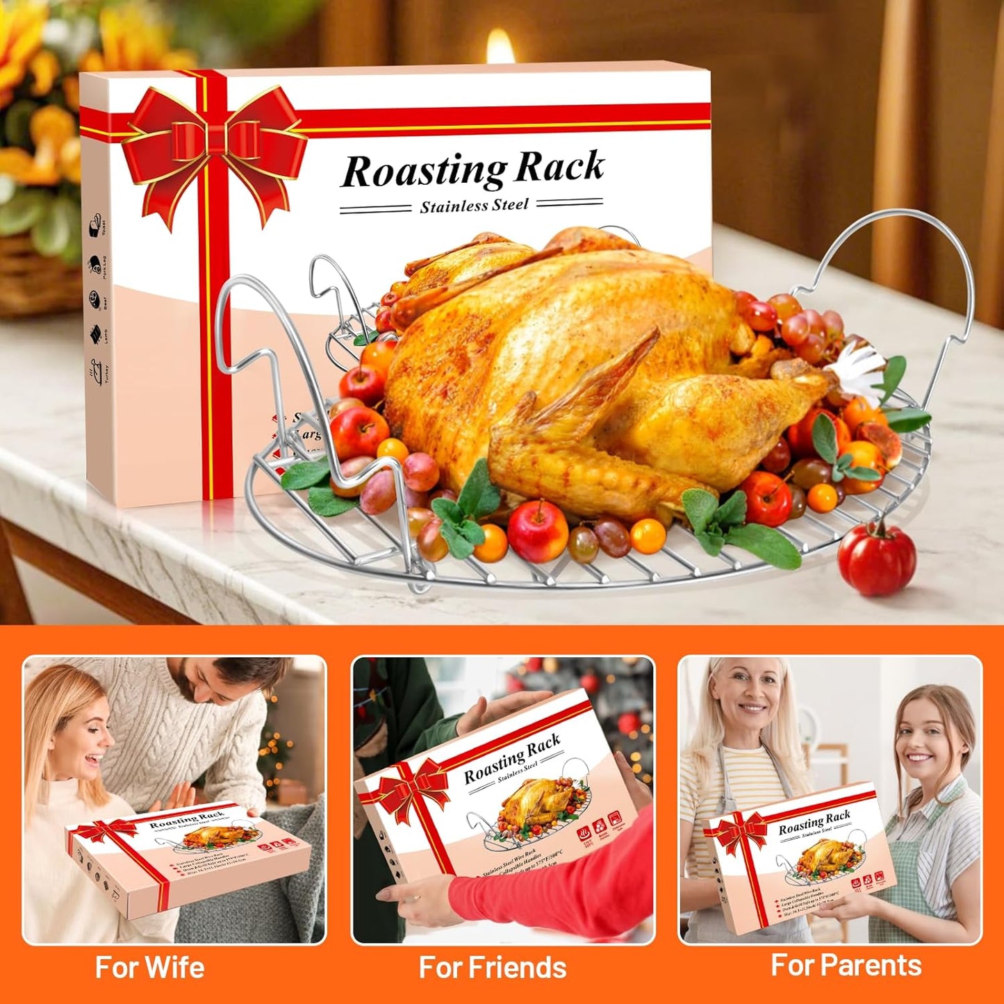 16.5inch Oval Roasting Rack for Oven, Gifts for Mom Men Wife, Stainless Steel Cooling Rack with Handle, Wire Rack for Cooking, Grilling, Drying