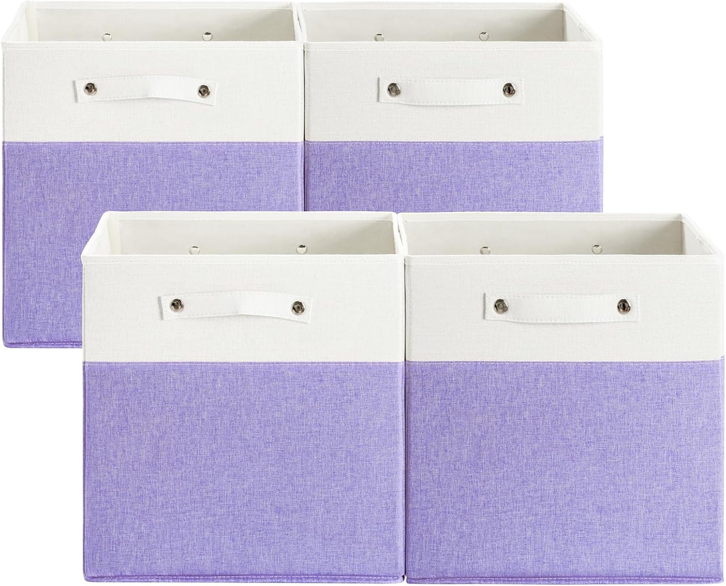 13 x 13 Inch Fine Linen Storage Bins with Handles，Fabric Cube Boxs，Collapsible Basket Organizers for Shelves for Home, Closet Drawers (White/Purple-4 Pack)