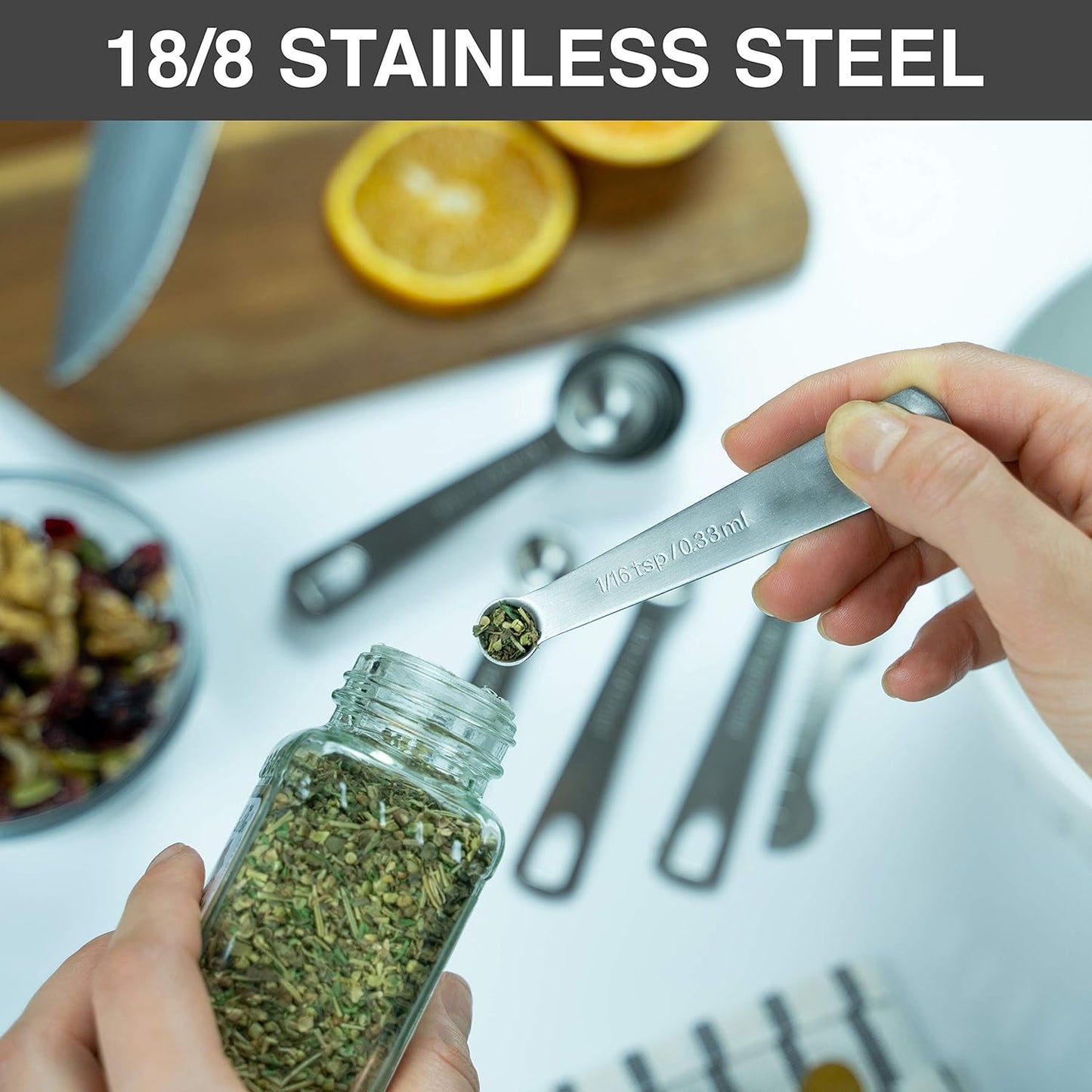 BALCI - 9 Measuring Spoons, Heavy Duty 18/8 Premium Stainless Steel Measuring Spoons Set, Spoons with US and Metric Measurements, Set of 9 + Leveler, Measuring tools for Dry and Liquid Ingredients