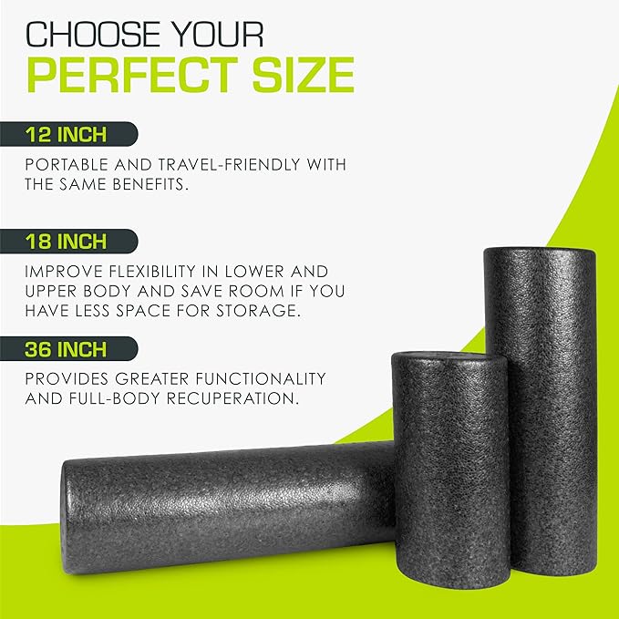 ProsourceFit High Density Foam Rollers 12 - Inches long, Firm Full Body Athletic Massage Tool for Back Stretching, Yoga, Pilates, Post Workout Muscle Recuperation, Black