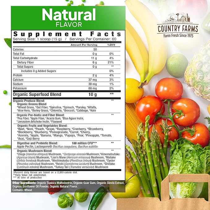 Country Farms Super Greens Natural Flavor, 50 Organic Super Foods, USDA Organic Drink Mix, Fruits, Vegetables, Super Greens, with Fiber, Mushrooms & Probiotics, Supports Energy, 60 Servings, 900g