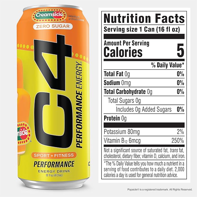 Cellucor C4 Performance Energy Drink | Zero Sugar Carbonated Preworkout Energy | 200mg Caffeine with Beta Alanine | Orange Creamsicle | 16 Fl Oz (12 Pack)