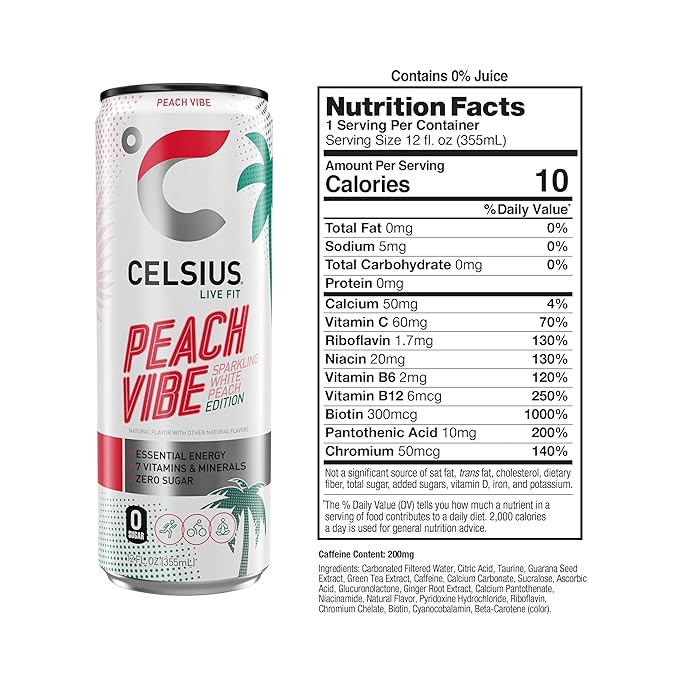 CELSIUS Sparkling Peach Vibe, Functional Essential Energy Drink 12 Fl Oz (Pack of 4)