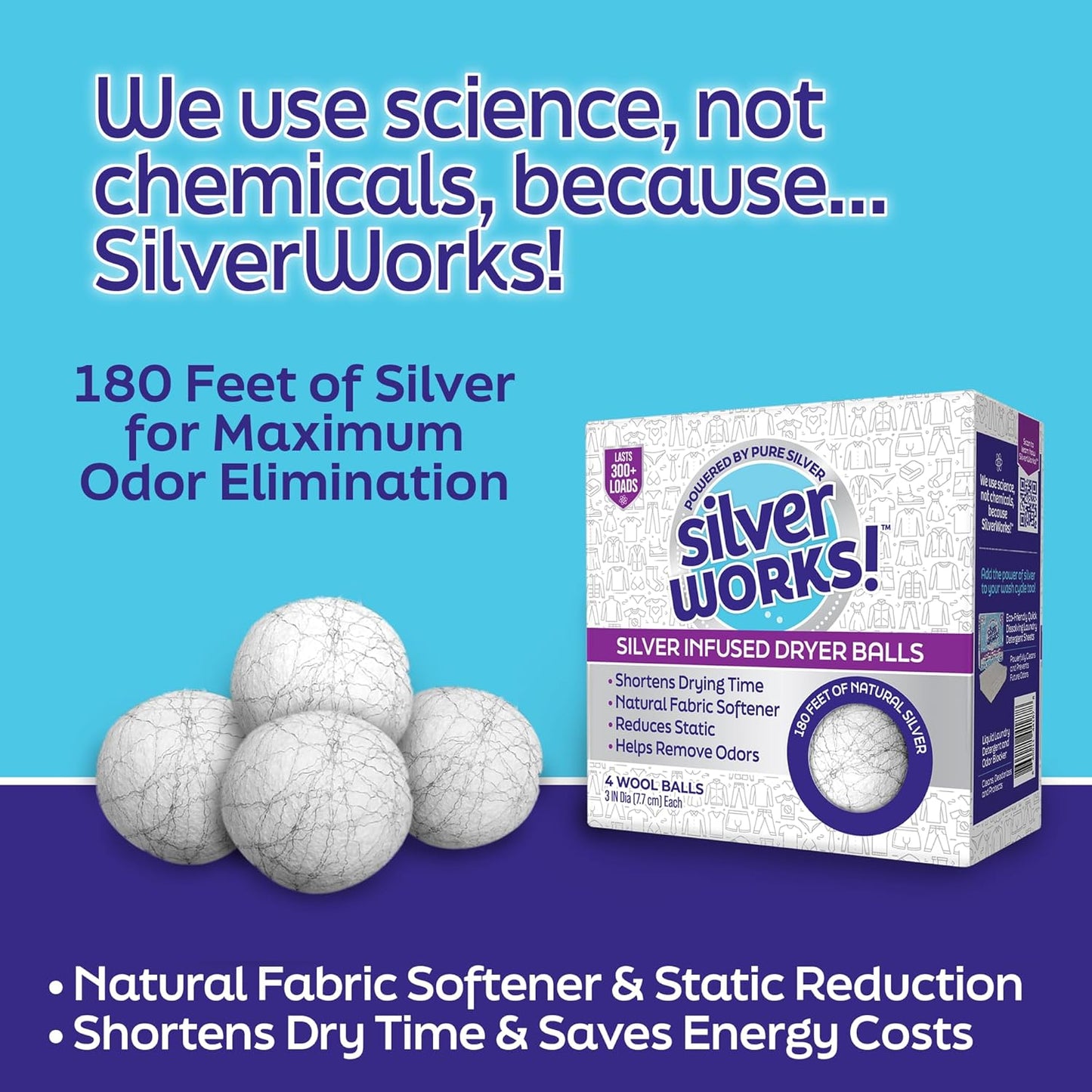 Wool Dryer Balls Laundry Reusable - Odor Eliminating Dryer Laundry Balls with Silver Technology - Natural Fabric Softener and Static Reducer, Reduce Drying Time and Energy Costs - 4 Pack