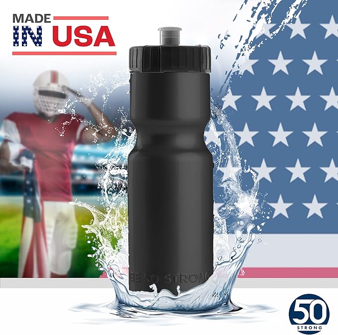 50 Strong Sports Water Bottles – Reusable 22 oz BPA-Free Plastic Bottles with Pull Top Cap – Made in USA – Top Rack Dishwasher Safe – Fits Most Bike Cages Brand