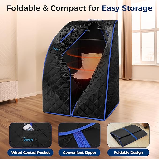 SereneLife Compact & Portable Infrared Steam Sauna, Personal Spa Style Sauna for at-Home Relaxation and Rejuvenation, Easy Access Sit-in Design, Foldable Chair, Energy Efficient, Foot Pad Heating Mat