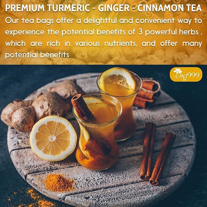TOG999, Premium 20 Tea Bags Turmeric, Ginger, Cinnamon, 100% Natural, Hand-made Blend of Turmeric, Ginger, and Cinnamon Herbal Tea. Eco-conscious Tea Bags. No Sugar, No Caffeine, No Gluten, Vegan.