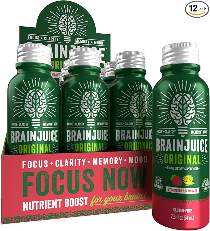 BrainJuice Energy & Focus Shot, Gluten Free Supplement, Healthy Drinks with Alpha GPC, Vitamin B & Organic Green Tea Extract Caffeine, Strawberry Lemonade, 2.5 fl oz, 12 Pack