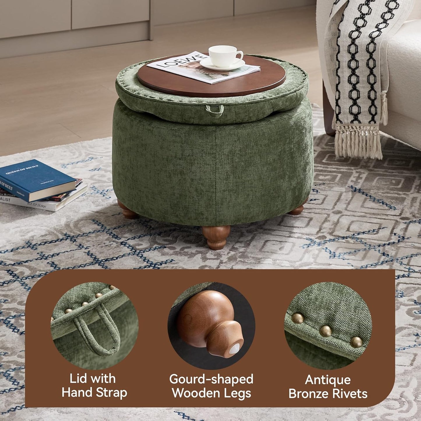 24Inch Round Storage Ottoman with Tray, Modern Tufted Circle Coffee Table with Storage, Upholstered Ottoman with Removable Top for Living Room, Bedroom, Chenille Green