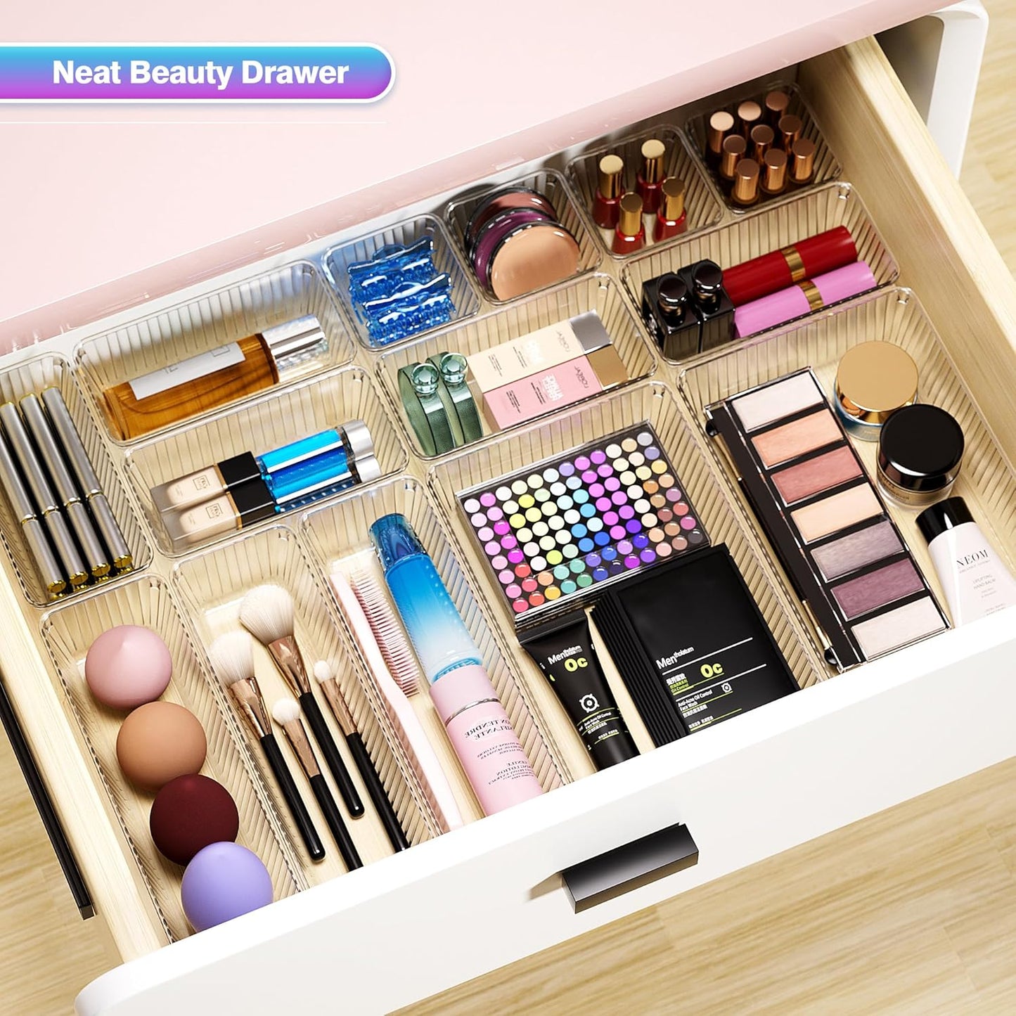15 PCS Clear Plastic Drawer Organizer Set - 4 Sizes Makeup Organizer Desk Drawer Divider Bathroom Organizers and Storage Bins for Makeup, Jewelry, Gadgets, Office, Kitchen, Bedroom, Bathroom