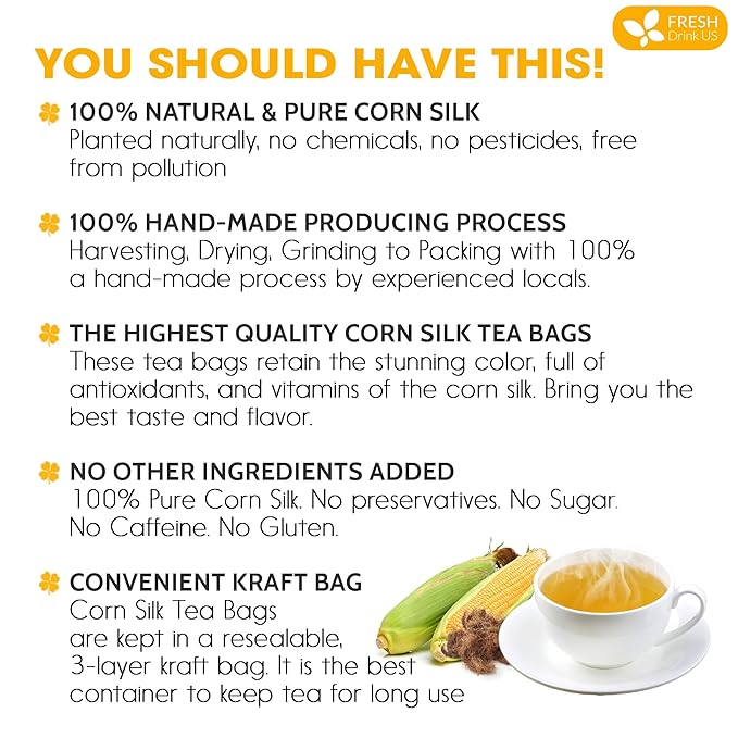 FreshDrinkUS, Premium 135 Tea Bags Corn Silk Tea, 100% Natural & Pure from Corn Silk. Corn Silk Herbal Tea. Clean Ingredients. Made with Natural Material Tea Bags. No Sugar, No Caffeine, Vegan.