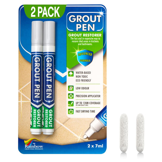 Grout Pen Light Grey Tile Paint Marker: Waterproof Grout Paint, Tile Grout Colorant and Sealer Pen - Narrow 5mm, 2 Pack with Extra Tips (7mL) - Light Grey