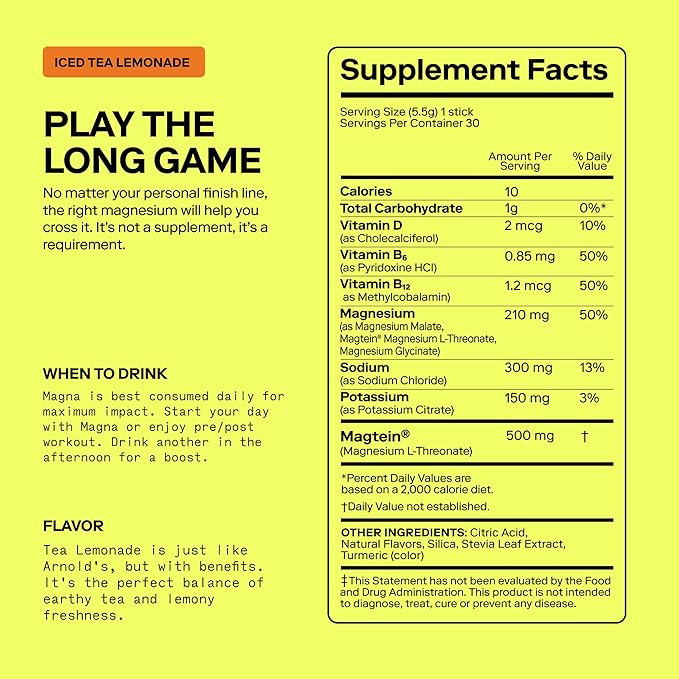 MAGNA Electrolyte Powder Drink Mix for Hydration, Energy & Focus Support with Magnesium L Threonate, Malate & Glycinate, Sodium, Potassium, Vitamin D, B6 & B12, Tea Lemonade Flavor, 14 Servings