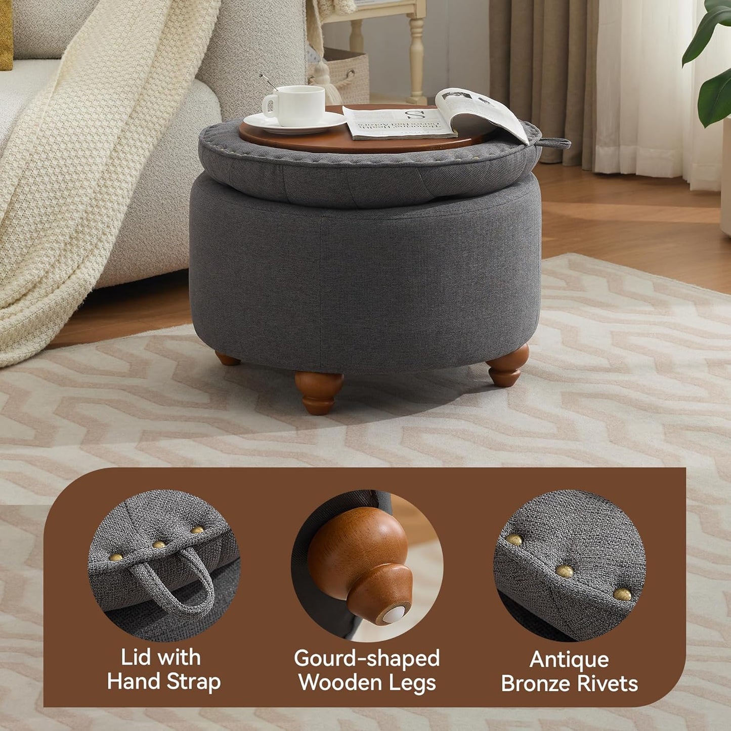 24Inch Round Storage Ottoman with Tray, Modern Tufted Fabric Circle Coffee Table with Storage, Upholstered Ottoman with Removable Top for Living Room, Bedroom, Dark Grey