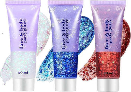 Go Ho Red White and Blue Body Glitter Set,4th of July Outfits for Women Reflective Glitter Makeup,Face Glitter Gel,Holographic Long Lasting Chunky Sequins Glitters,4th of July Accessories