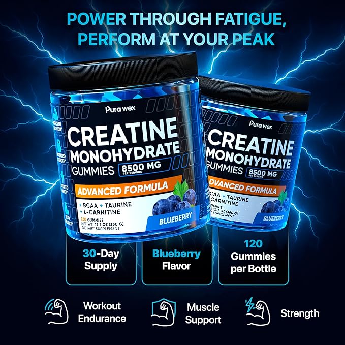 Creatine Monohydrate Gummies 8500mg Complex for Men & Women - Pre Workout Creatine Chews for Muscle Growth, Strength & Energy, Sugar Free, Vegan, Blueberry Flavor - 120 Count
