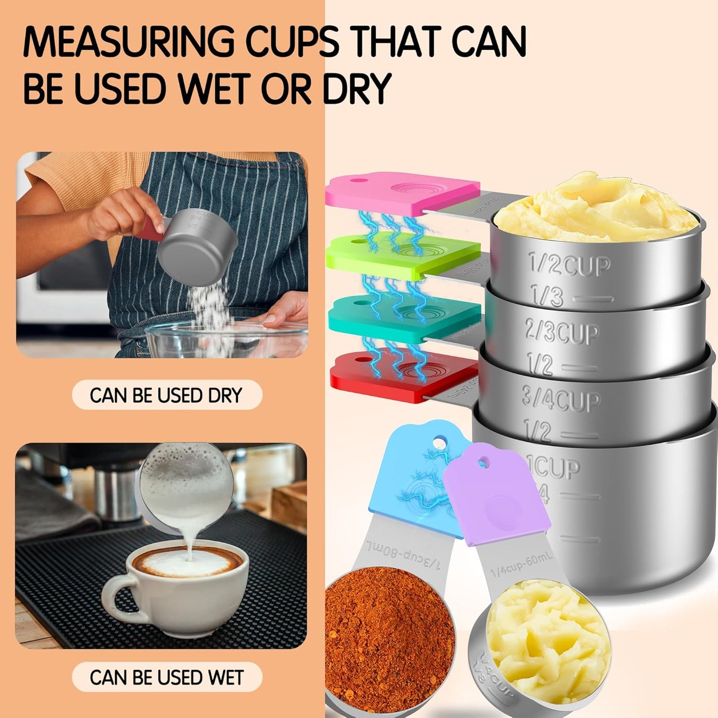 Magnetic Measuring Cups, 6 Stainless Steel Nesting Measuring Cup Set for Measuring Dry or Liquid Ingredients