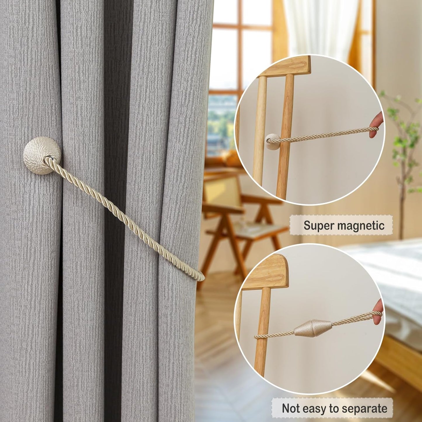 Magnetic Curtain Tiebacks 6 Pack Outdoor Rope Curtain Tie Backs Decorative Window Treatment Holdbacks for Home Decorative Curtain, Beige