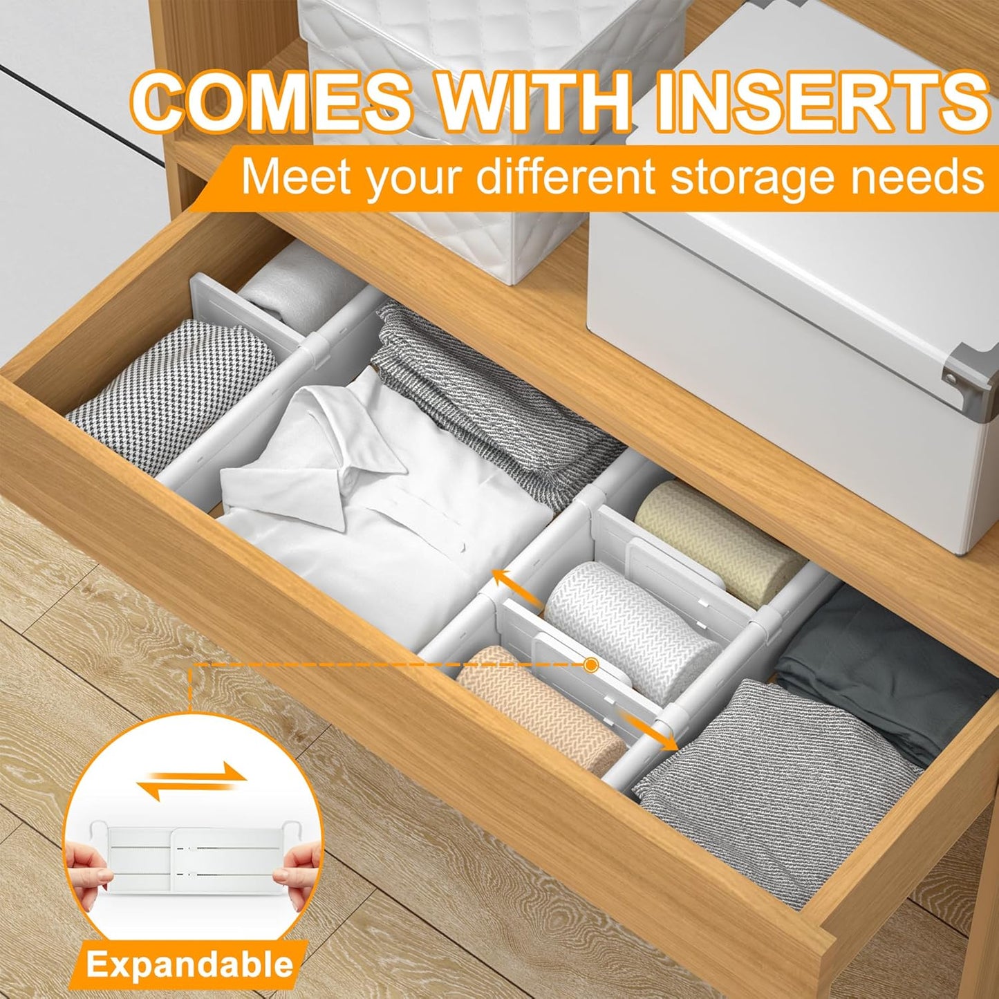 HiYZ Expandable Drawer Dividers with Inserts, Large Kitchen Utensils Drawers Divider, 2.36" High Adjustable Drawer Organizers Separators for Clothing,Kitchen Utensils,Tools,8 Dividers with 16 Inserts