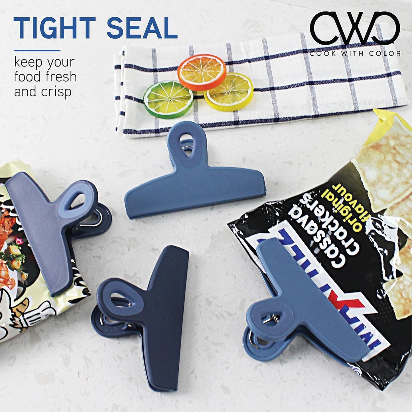 COOK WITH COLOR Bag Clips - Heavy Duty Chip and Refrigerator Magnet Clips for Food Storage with Air Tight Seal Grip, Denim, Pack of 4 Large