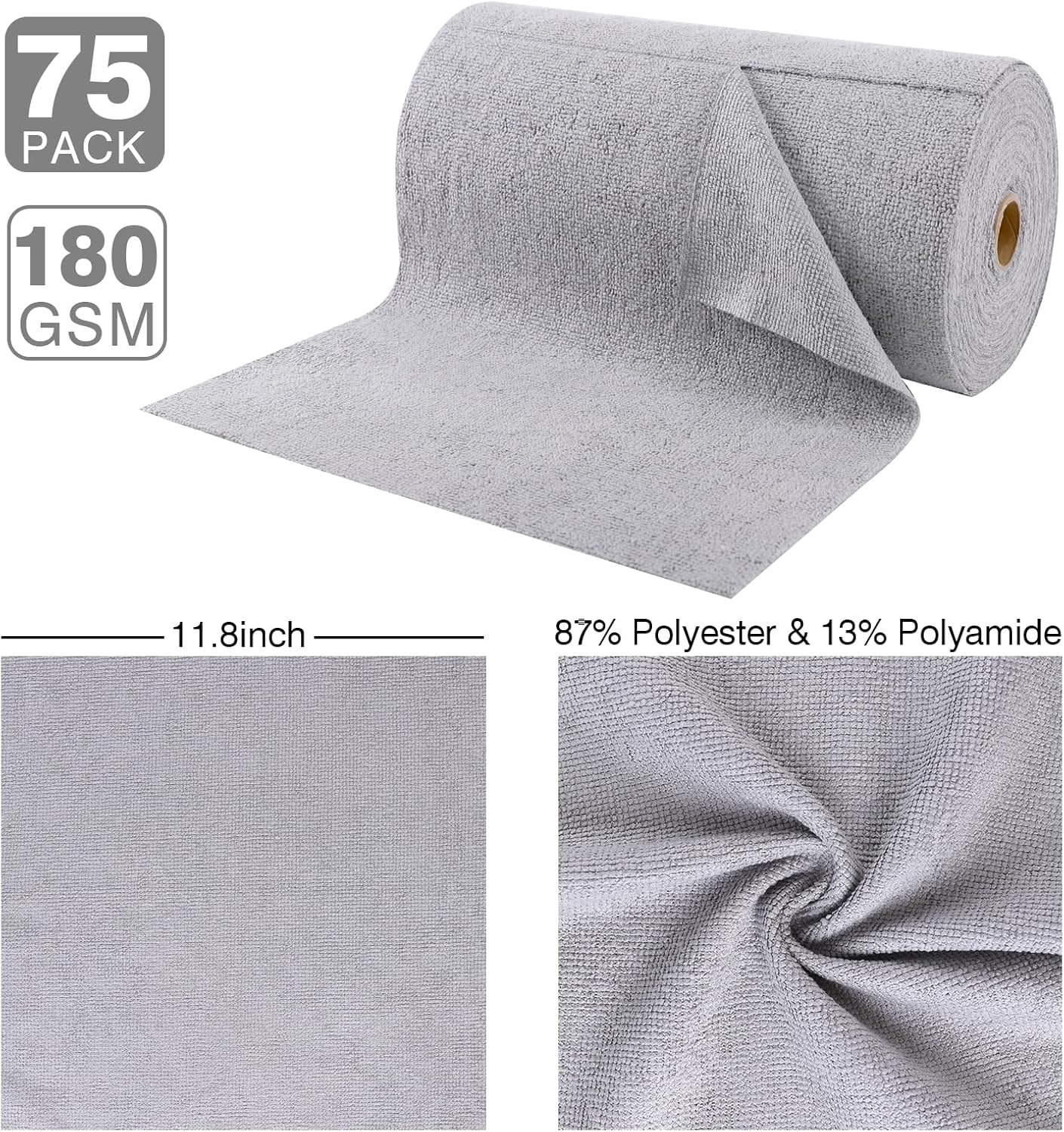 Microfiber Cloth Roll 75 Pack, 180GSM, Tear Away Microfiber Towels 12x12 Inch, Reusable Cleaning Rags for Car Detailing, Kitchen, Dishes, House Cleaning, Windows, Glass, Garage, Shop (Grey)