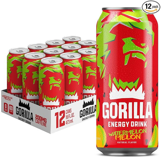 Gorilla Energy Drink, Watermelon Melon, 200mg Natural Caffeine, Real Fruit Juice Squeezed & Concentrated, L-Theanine, Taurine, Ginseng, Acetyl L-Carnitine, No Added Sugar and No Artificial Colors, 12 Pack