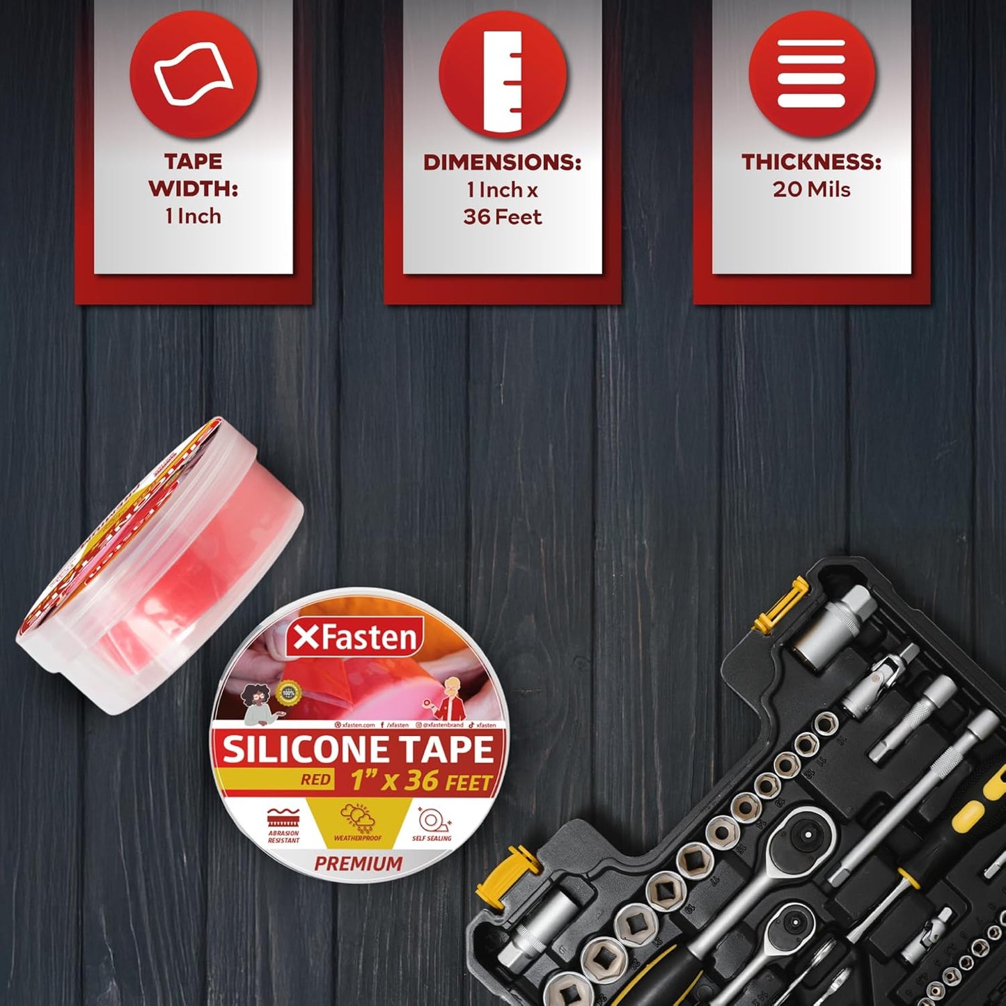 XFasten Self Fusing Silicone Tape Waterproof – 1" x 36 Feet Red, Self Amalgamating Tape, Silicone Rubber for Plumbing, Sealing Pipes, Hose Repair, Outdoor Coax and Electrical Cables – Weatherproof