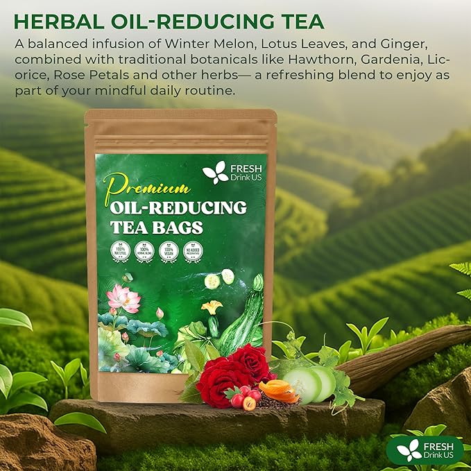 FreshDrinkUS, Oil-Reducing Herbal Tea – 75 Tea Bags | Blend of Winter Melon, Lotus Leaf, Ginger, Hawthorn, Gardenia Fruit, Rose, Cassia Seed & More | Naturally Caffeine-Free | Delicious Hot or Iced