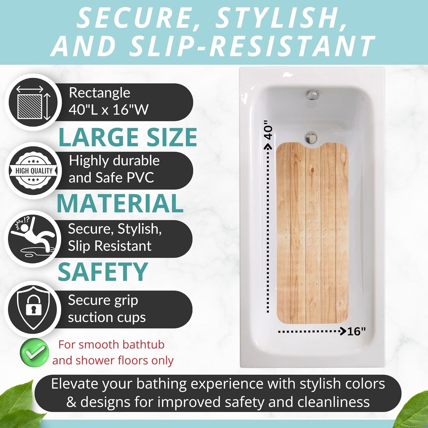 ENKOSI Bath Mat – PVC Large 40 x 16 Inch Non-Slip Bathtub Mat with Secure Suction Cup Grip & Drain Holes – Extra Long Bathroom Shower Mat for Tub and Shower Floors with Wood Print Design (40x16 Wood)