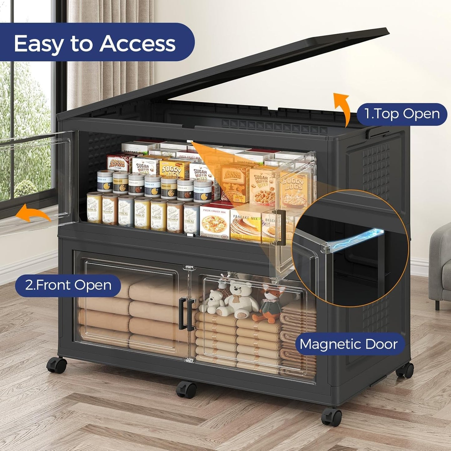 200GAL Extra Large Storage Bins with Lid, 800Qt Stackable Closet Organizers and Drawers, Collapsible Storage Bins with Wheels, Folding Storages Cabinet for Home Bedroom Office, 5Pack Black