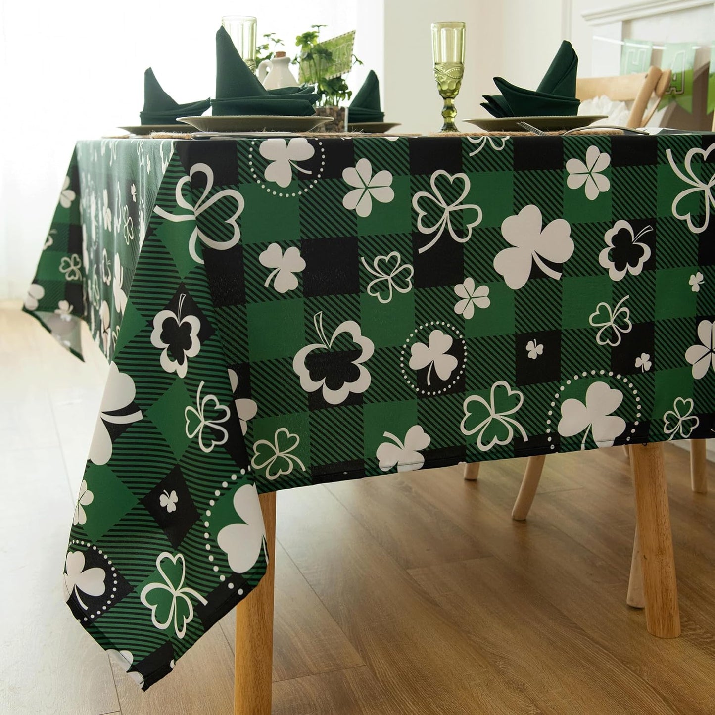 Green Gingham Shamrock Plaid Tablecloth - St. Patrick's Day Rectangular 58x102 Inch Water Resistant Table Cloth for Indoor/Outdoor Use - Holiday Table Cover for Kitchen and Parties