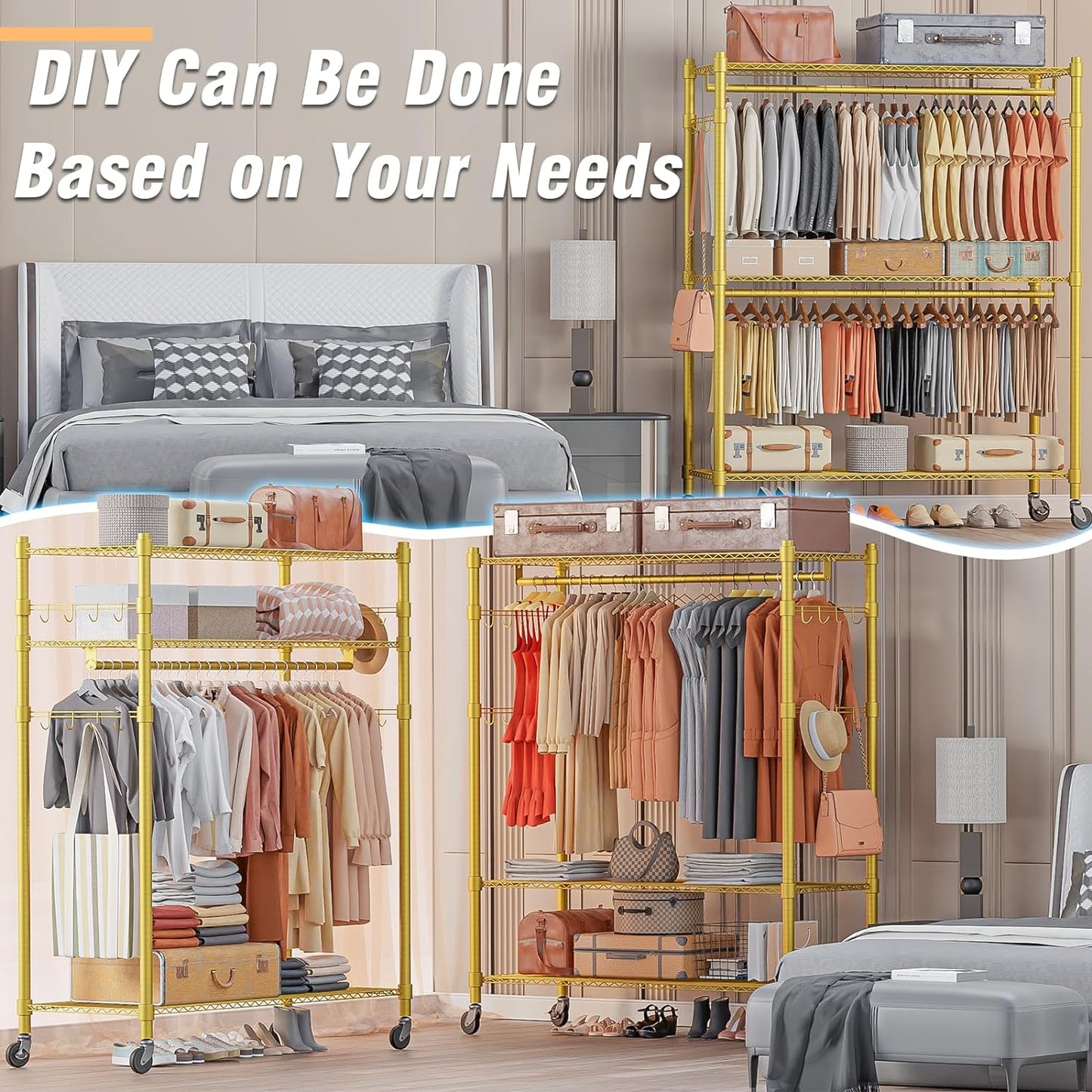 Homdox Gold Heavy Duty Clothes Rack with Wheels, 3-Tier Rolling Metal Garment Organizer with Double Hanging Rods & Hooks, Freestanding Portable Closet, 17.72" D x 47.24" W x 80.71" H