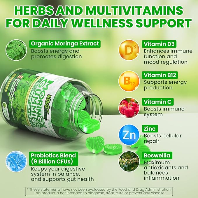 Organic Moringa Gummies 1000mg for Women Men, Liposomal Nutrient-Dense Pure Green Superfood, w/Vegan Omega-3, Boswellia, L-Theanine & Probiotic, for Energy, Focus, Antioxidants & Gut Health, 120Cts