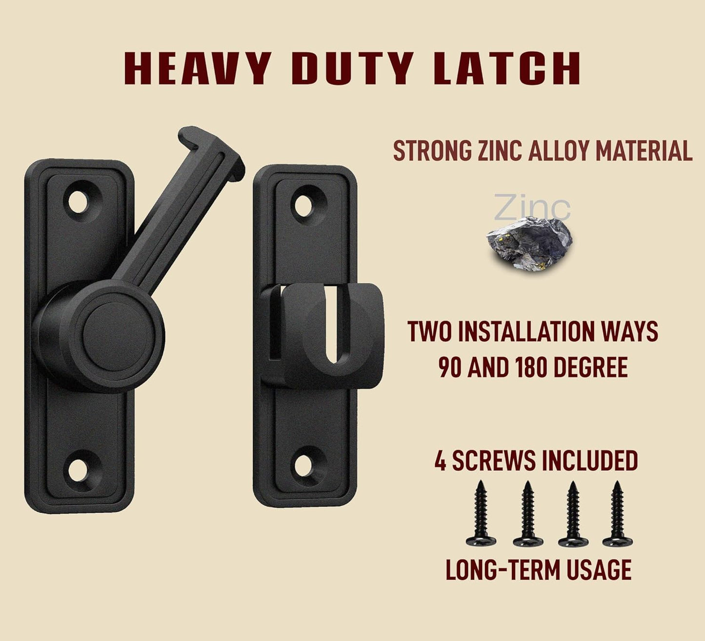 Barn Door Privacy Latch, 90°/180° Swing Slide Lock, Zinc-Alloy, Adhesive or Screw Mount, Interior Use for Bathroom/Bedroom/Closet/Shed, Includes Screws & Glue - Black