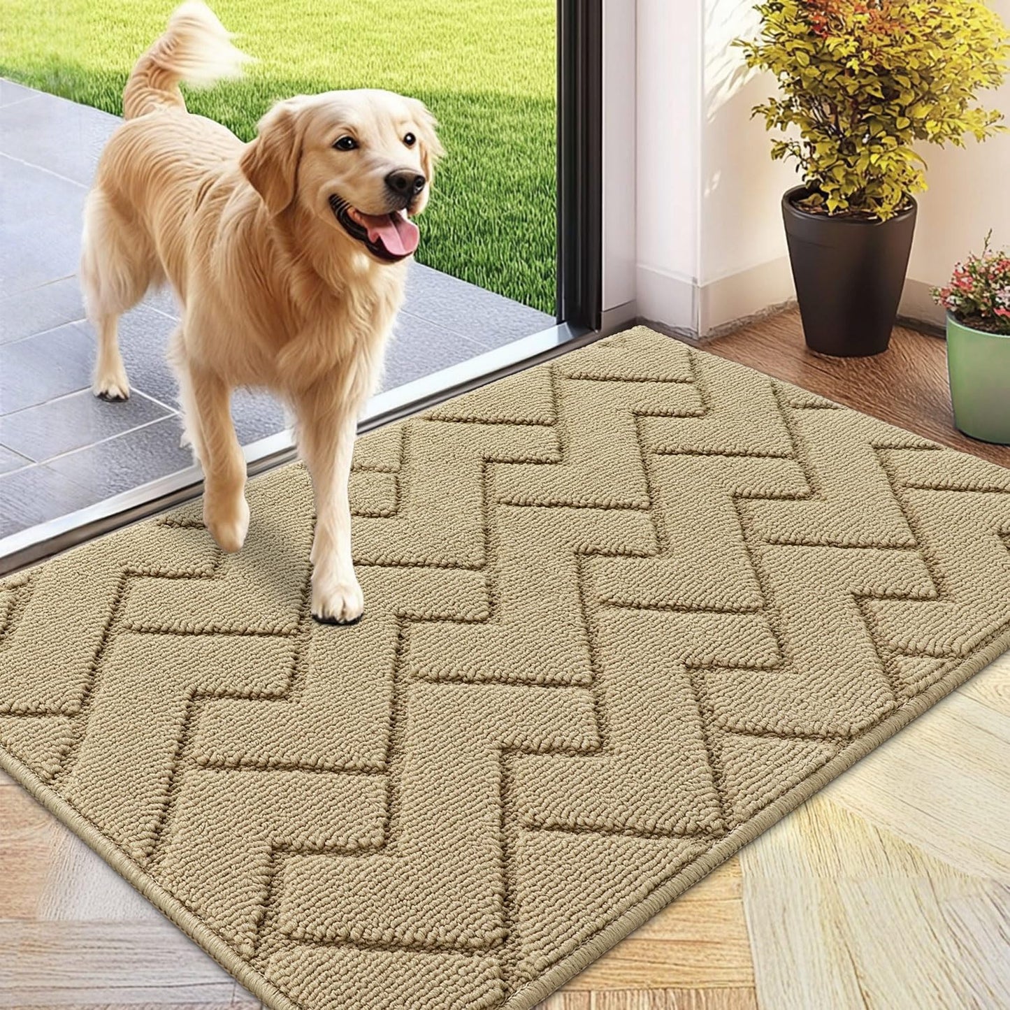 hicorfe Front Door Mat Outside Entrance,24"x35" Absorbent Muddy Dirt Resist Welcome Door Mats Outdoor Indoor,Stain and Fade Resistant,Non Slip Backing Entry Mat Doormat for Entryway (Beige)