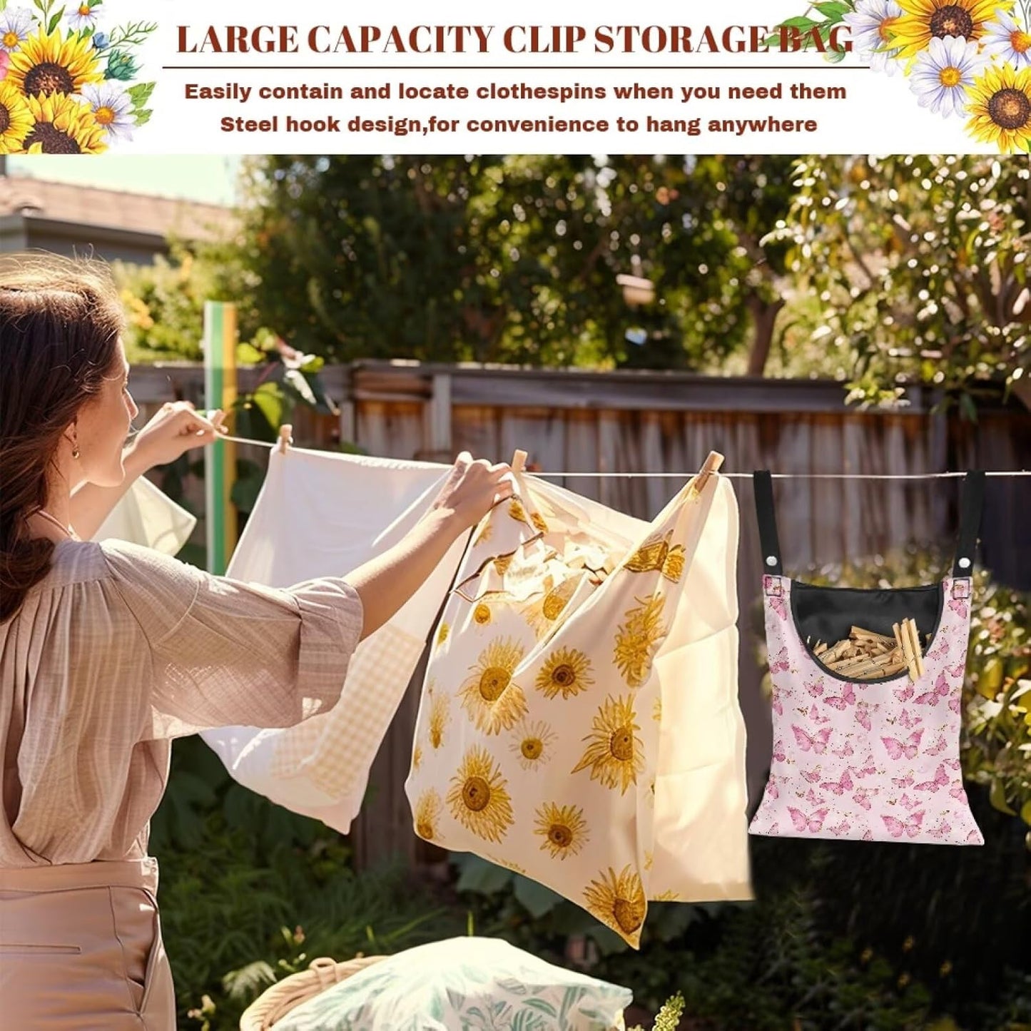 2 Pcs Butterflies Print Clothespin Bag for Clothes Pins Heavy Duty Outdoor Use, Laundry Clothesline and Clothes Pin Holder Clothespin Bag