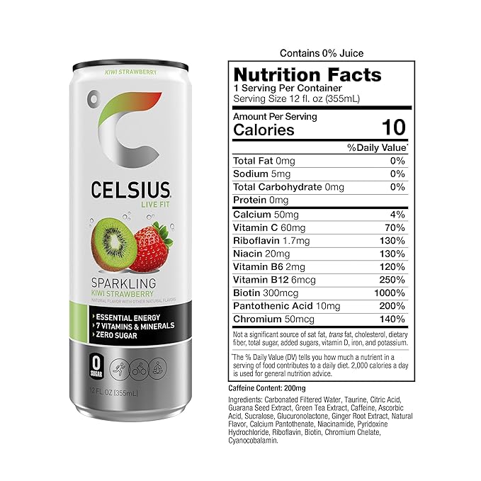 CELSIUS Sparkling Kiwi Strawberry, Sugar Free Energy Drink, 12 Fl Oz (Pack of 12)