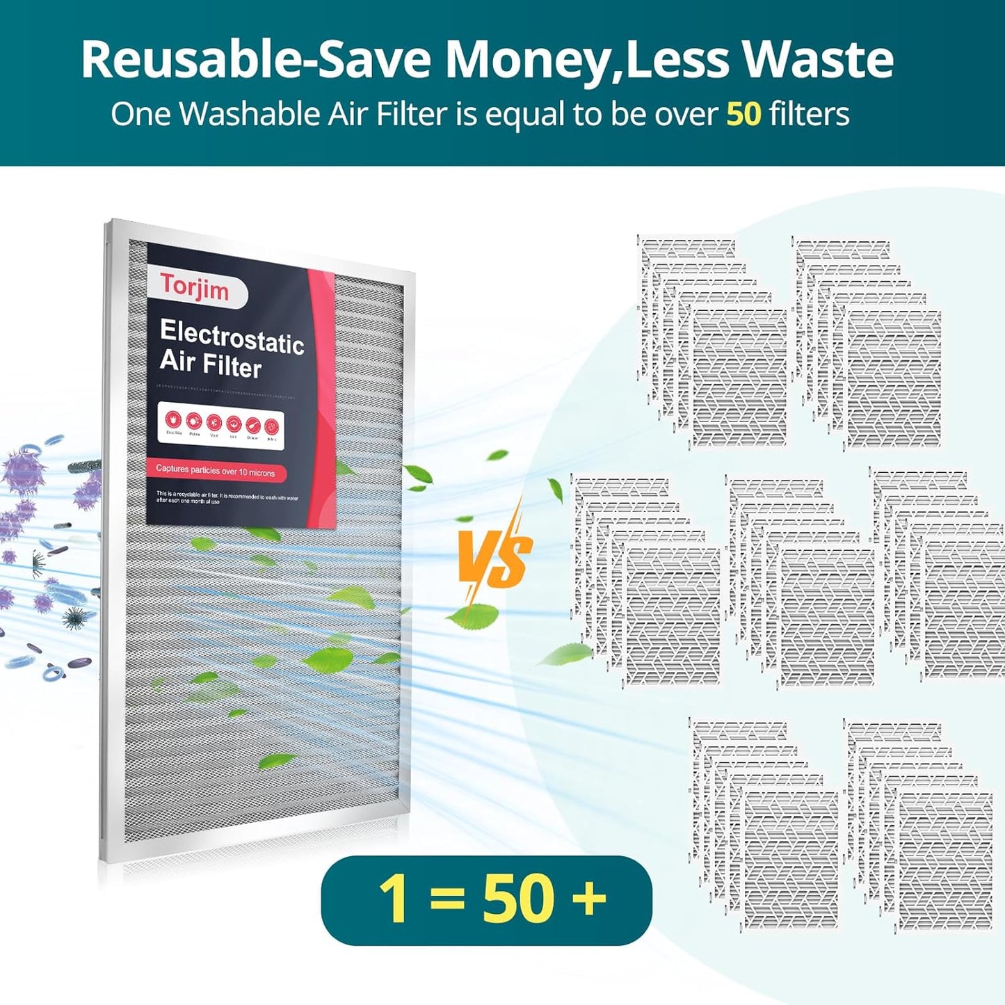 Torjim 14x14x1 MERV8 Washable & Reusable Electrostatic Air Filter - AC/HVAC Furnace Filter, Permanent, Easy Install